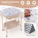 GYMAX Folding Baby Changing Table with Bathtub, Portable Newborn Bath Table and Dresser Unit with PVC Pad, Storage Tray and Wheels, Infant Diaper Changing Station (Beige) - Image 3