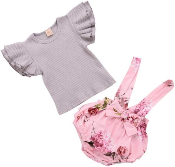 Shiningbaby Baby Girl Summer Fly Sleeve Bloomers T-Shirt Top and Strap Jumpsuit Outfit Grey, 12-18 Months - Image 2