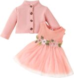 JiAmy Baby Girls Dress Outfits Sleeveless Floral Print Tulle Tutu Dresses Long Sleeve Waffle Cardigan Coat 2Pcs Clothes Set for Toddler Girl 6 Months-3 Years