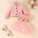 JiAmy Baby Girls Dress Outfits Sleeveless Floral Print Tulle Tutu Dresses Long Sleeve Waffle Cardigan Coat 2Pcs Clothes Set for Toddler Girl 6 Months-3 Years - Image 2