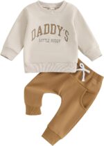 Himllauen 2 Pcs Baby Boy Girl Autumn Winter Outfits Newborn Letter Print/Contrast Color Long Sleeve Round Neck Sweatshirt+Solid Color Pants Set Toddler Pants Suits