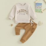 Himllauen 2 Pcs Baby Boy Girl Autumn Winter Outfits Newborn Letter Print/Contrast Color Long Sleeve Round Neck Sweatshirt+Solid Color Pants Set Toddler Pants Suits - Image 2