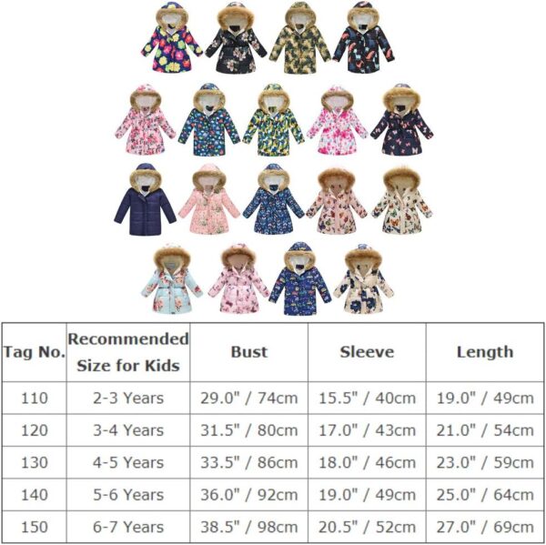 Odizli Kids Girls Boys Light Puffer Floral Print Faux Fur Hoodie Zip Up Fleece Fall Winter Jacket - Image 2