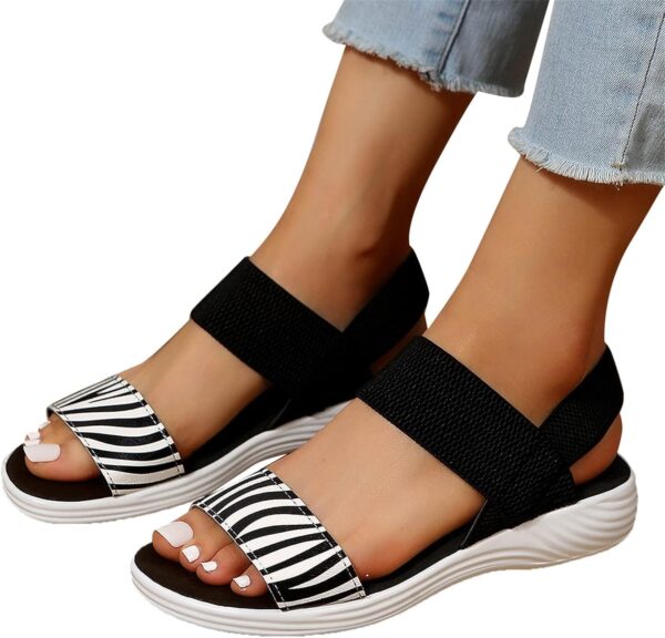 LZPCarra Women's Open Toe Flat Sandals Slippers Ladies Dressy Flat Wide Fashion Stripe Colored Round Toe Slip-On Shoes New Girls Personalized Design Wedges Thick Sole Comfortable Non Slip Sandal - Image 2