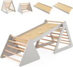 GYMAX 3 in 1 Kids Climbing Set, Wooden Toddler Climber with Reversible Ramp, Outdoor Indoor Children Climbing Frame for 3 Years Old + Boys Girls (Natural+Grey) - Image 9