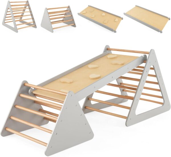 GYMAX 3 in 1 Kids Climbing Set, Wooden Toddler Climber with Reversible Ramp, Outdoor Indoor Children Climbing Frame for 3 Years Old + Boys Girls (Natural+Grey) - Image 9