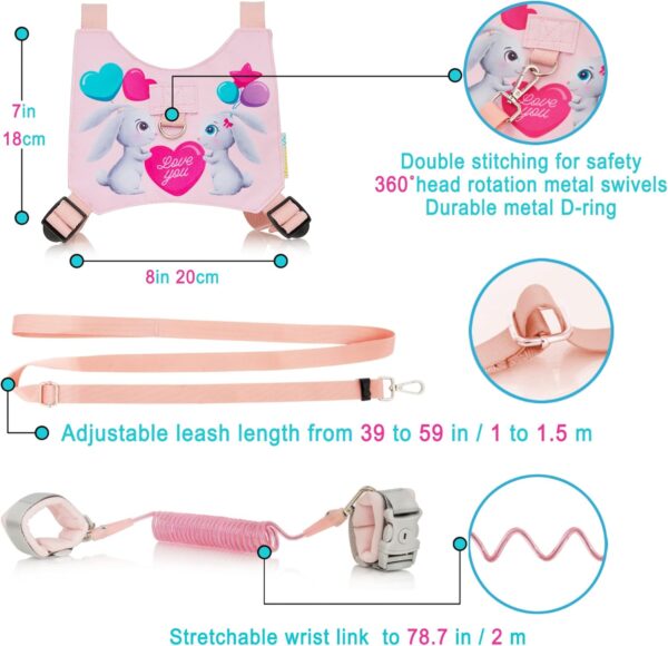 HappyVk Toddler Reins - Baby Reins - Child Walking Harness - Baby Anti Lost Wrist Link with Key Lock - Kid Pink Leash- Child Safety Harness Ages 1-4 - Cute Little Bunnies - Image 2