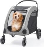 The Fellie Dog Stroller, 4 Wheels Folding Pet Stroller with Adjustable Handle, Storage Pocket & Safety Belt, Pet Travel Cart for Small Medium and Large Dogs Cats, Large Space Dog Stroller, Grey
