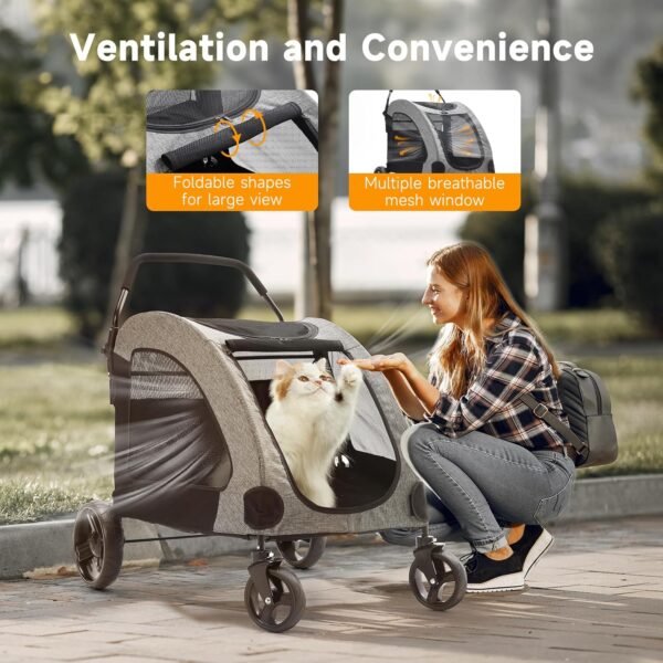 The Fellie Dog Stroller, 4 Wheels Folding Pet Stroller with Adjustable Handle, Storage Pocket & Safety Belt, Pet Travel Cart for Small Medium and Large Dogs Cats, Large Space Dog Stroller, Grey - Image 2