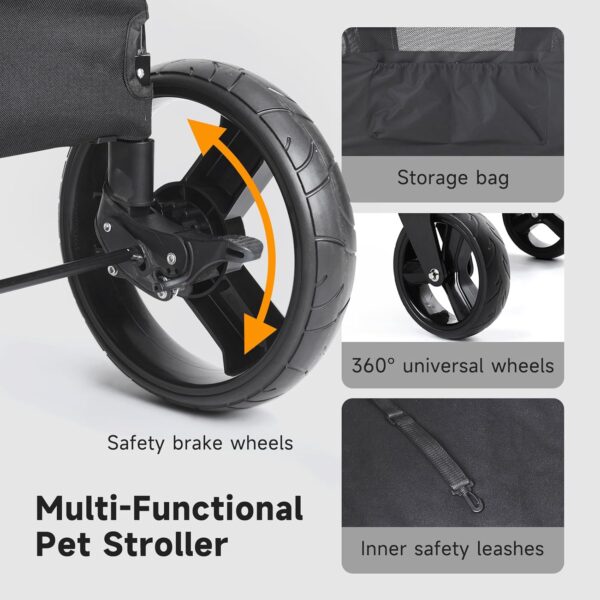 The Fellie Dog Stroller, 4 Wheels Folding Pet Stroller with Adjustable Handle, Storage Pocket & Safety Belt, Pet Travel Cart for Small Medium and Large Dogs Cats, Large Space Dog Stroller, Grey - Image 4