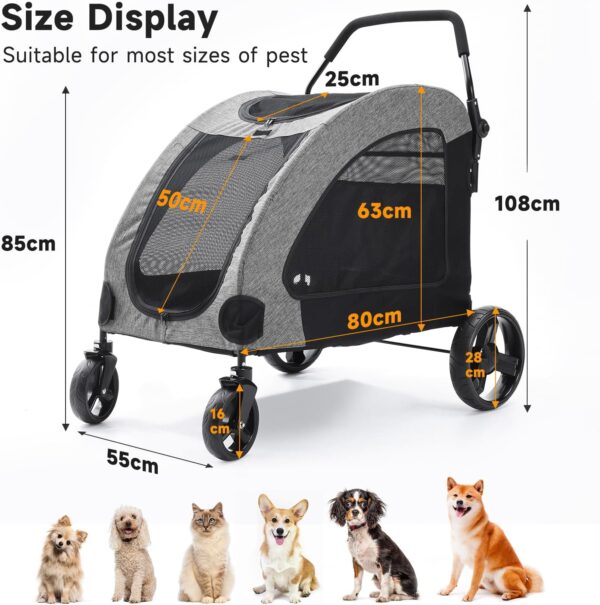 The Fellie Dog Stroller, 4 Wheels Folding Pet Stroller with Adjustable Handle, Storage Pocket & Safety Belt, Pet Travel Cart for Small Medium and Large Dogs Cats, Large Space Dog Stroller, Grey - Image 5