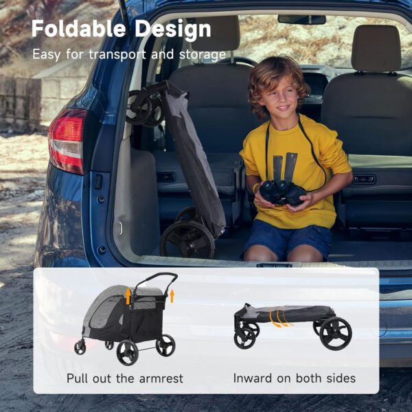 The Fellie Dog Stroller, 4 Wheels Folding Pet Stroller with Adjustable Handle, Storage Pocket & Safety Belt, Pet Travel Cart for Small Medium and Large Dogs Cats, Large Space Dog Stroller, Grey - Image 7