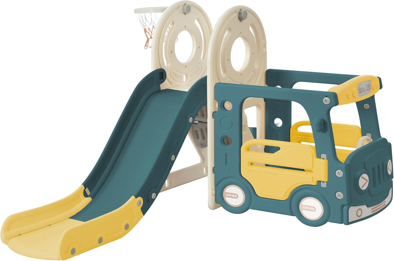 1740738108_61TPjDJT6SL._AC_SL1500_.jpg 4-in-1 Kids Bus Playhouse Slide Set with Basketball Hoop and Climber, HDPE Material, Unique Chartreuse, EN71 Certified, Safe Indoor/Outdoor Playground for Toddlers, Kids Activity Bus (Green) - Image 1
