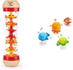 Hape Beaded Raindrops | Mini Wooden Musical Shake & Rattle Rainmaker Toy, Red & Rattle Set, “Stay-Put” 3 Sea Creatures With Individual Sounds, Teether Details and Suction Pads. 0+ months