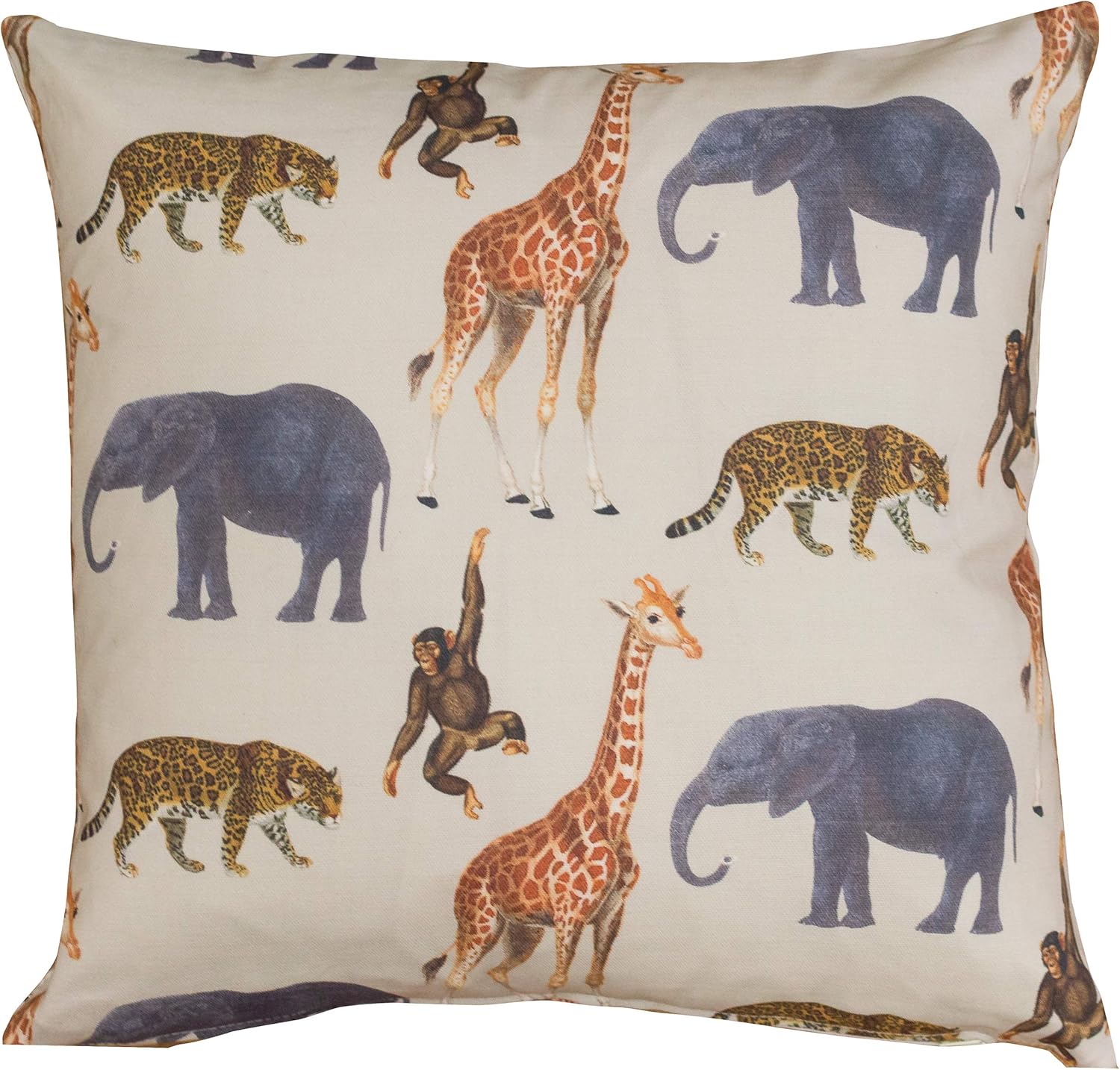 1740738671_91pV2t8O8lL._AC_SL1500_.jpg Linen Loft Zoo Animals Cushion Cover. Giraffes, Elephants, Tigers, and Monkeys. Double Sided, 43cm (17") Square Pillow. 100% Cotton. Nursery Kids Accessory. - Image 1