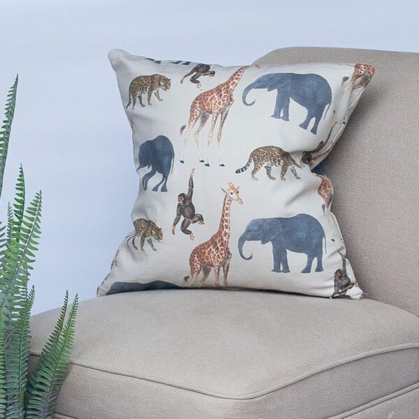 Linen Loft Zoo Animals Cushion Cover. Giraffes, Elephants, Tigers, and Monkeys. Double Sided, 43cm (17") Square Pillow. 100% Cotton. Nursery Kids Accessory. - Image 3