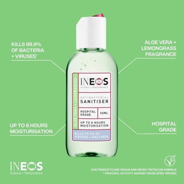 INEOS - Sanitiser Pocket Gel (50 ml) - Hand Sanitiser - Aloe & Lemongrass - Hospital Grade, Effective against 99.9% of Viruses and Bacteria (12 Pack), Packaging May Vary - Image 2