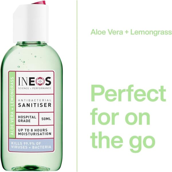 INEOS - Sanitiser Pocket Gel (50 ml) - Hand Sanitiser - Aloe & Lemongrass - Hospital Grade, Effective against 99.9% of Viruses and Bacteria (12 Pack), Packaging May Vary - Image 3