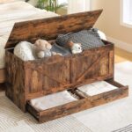 HOOBRO Storage Chest, Wooden Storage Bench, Blanket Storage Box with Drawer, Large Toy Chest, Shoe Storage Bench, Farmhouse Storage Trunk, 100 cm, U-Shaped Opening, Rustic Brown EFG71CW01G1 - Image 2