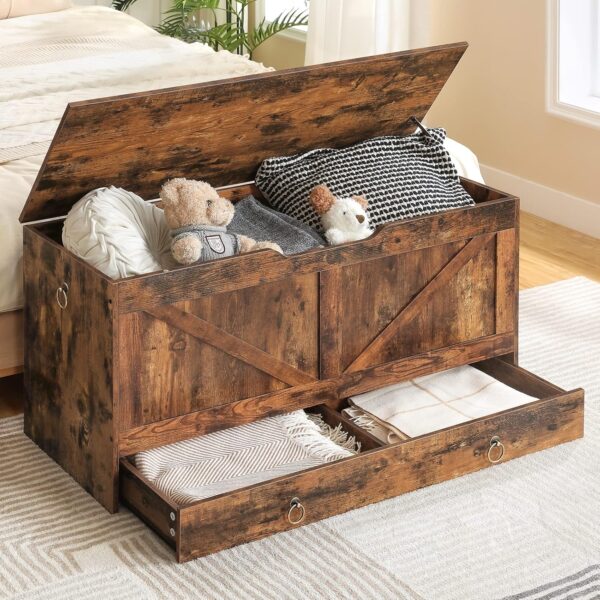 HOOBRO Storage Chest, Wooden Storage Bench, Blanket Storage Box with Drawer, Large Toy Chest, Shoe Storage Bench, Farmhouse Storage Trunk, 100 cm, U-Shaped Opening, Rustic Brown EFG71CW01G1 - Image 2