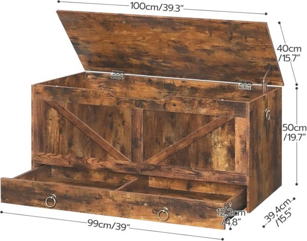 HOOBRO Storage Chest, Wooden Storage Bench, Blanket Storage Box with Drawer, Large Toy Chest, Shoe Storage Bench, Farmhouse Storage Trunk, 100 cm, U-Shaped Opening, Rustic Brown EFG71CW01G1 - Image 5