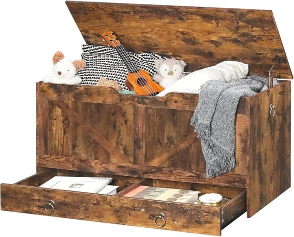 HOOBRO Storage Chest, Wooden Storage Bench, Blanket Storage Box with Drawer, Large Toy Chest, Shoe Storage Bench, Farmhouse Storage Trunk, 100 cm, U-Shaped Opening, Rustic Brown EFG71CW01G1 - Image 8