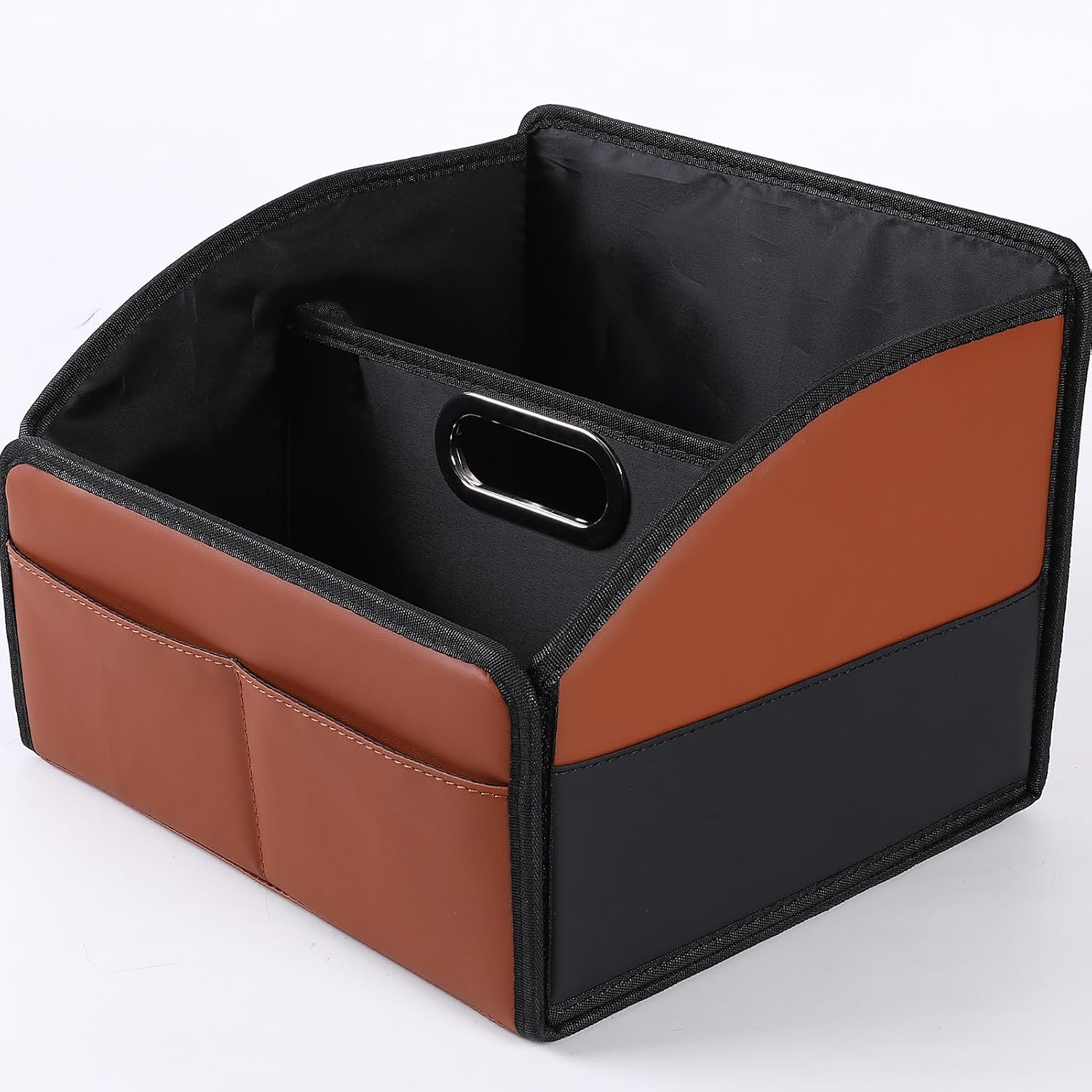 1740753454_71zOx3XKY-L._AC_SL1500_.jpg Car Front-Back Passenger Seat Organizer Box with Metal Handle - Portable Multi-Pocket Storage Caddy and Divided Holder for Travel Essentials, Leather Foldable Universal Floor Basket Kids - Image 1
