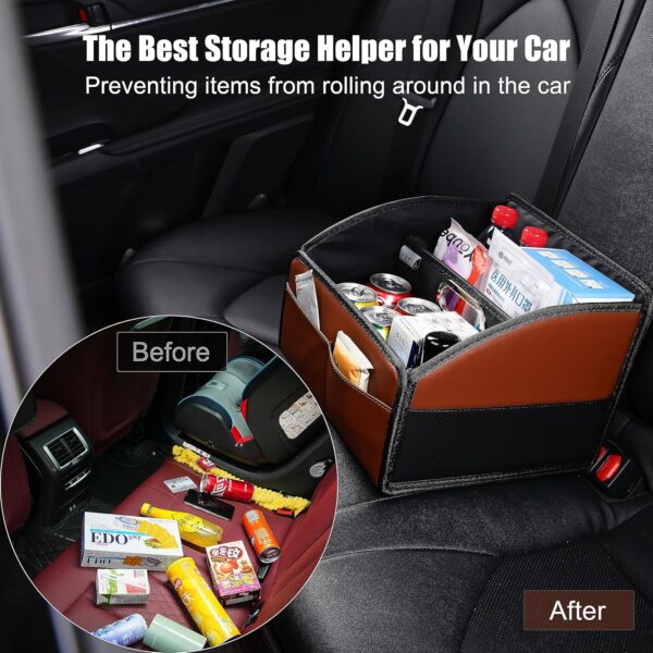 Car Front-Back Passenger Seat Organizer Box with Metal Handle - Portable Multi-Pocket Storage Caddy and Divided Holder for Travel Essentials, Leather Foldable Universal Floor Basket Kids - Image 3