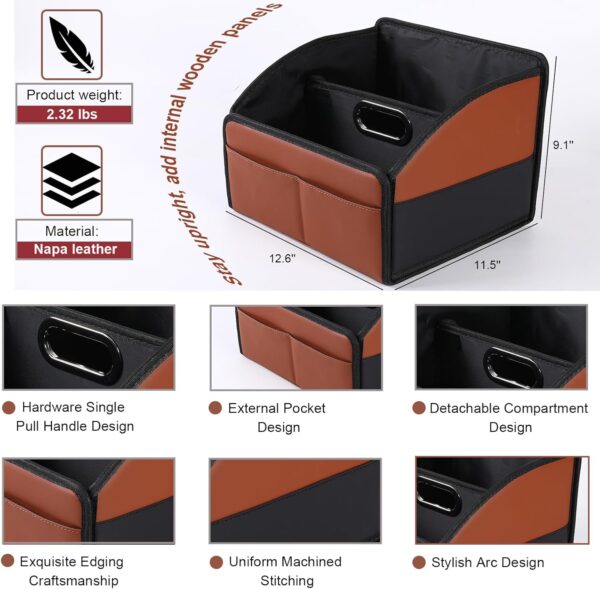 Car Front-Back Passenger Seat Organizer Box with Metal Handle - Portable Multi-Pocket Storage Caddy and Divided Holder for Travel Essentials, Leather Foldable Universal Floor Basket Kids - Image 4