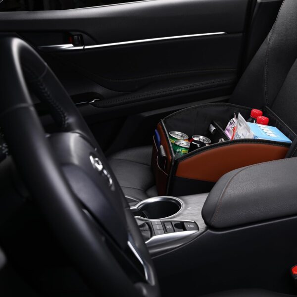 Car Front-Back Passenger Seat Organizer Box with Metal Handle - Portable Multi-Pocket Storage Caddy and Divided Holder for Travel Essentials, Leather Foldable Universal Floor Basket Kids - Image 5