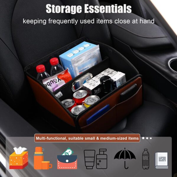 Car Front-Back Passenger Seat Organizer Box with Metal Handle - Portable Multi-Pocket Storage Caddy and Divided Holder for Travel Essentials, Leather Foldable Universal Floor Basket Kids - Image 6