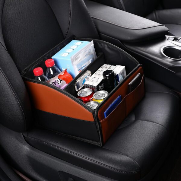 Car Front-Back Passenger Seat Organizer Box with Metal Handle - Portable Multi-Pocket Storage Caddy and Divided Holder for Travel Essentials, Leather Foldable Universal Floor Basket Kids - Image 7