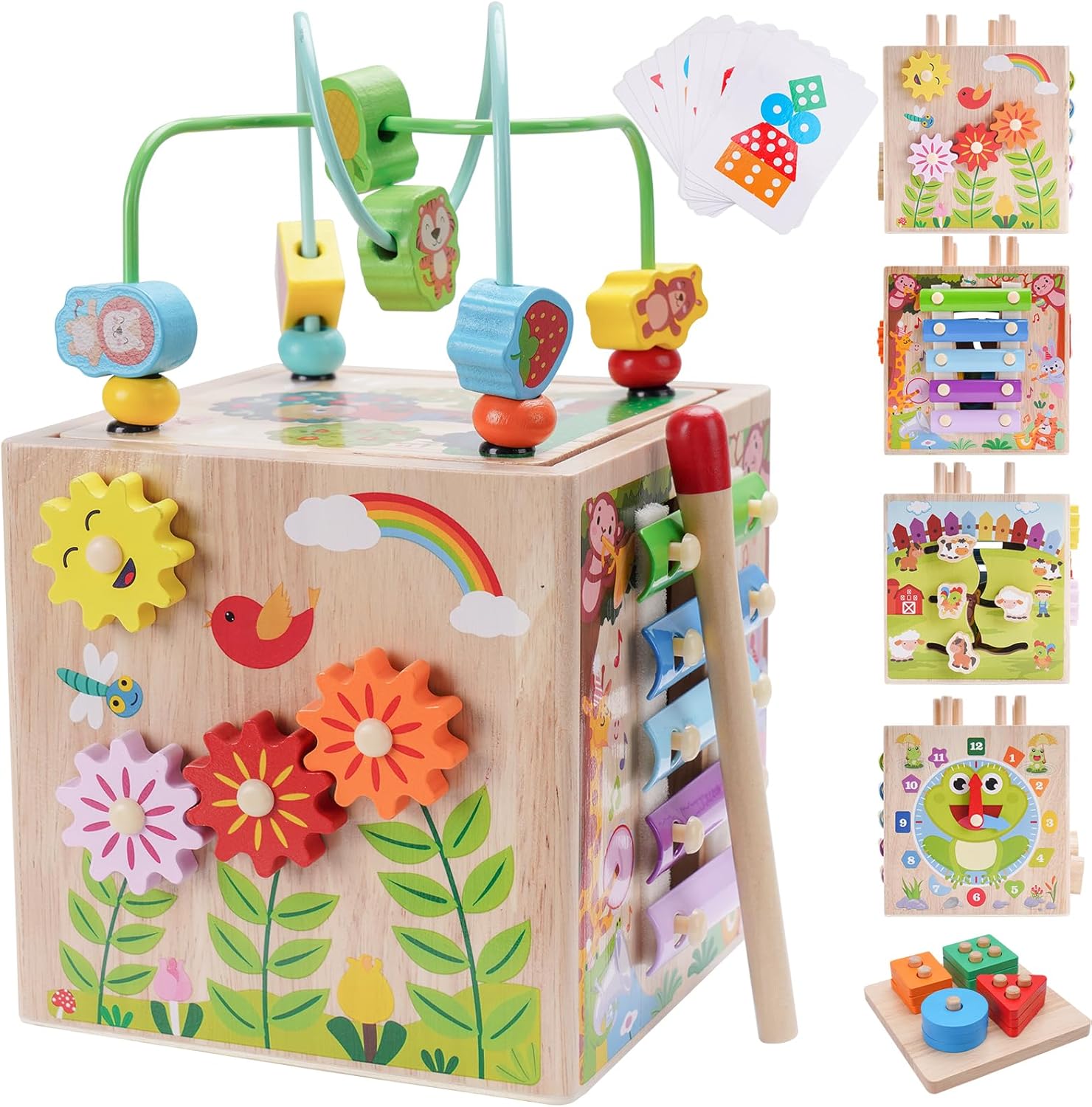 1740753642_81FqlaJMUpL._AC_SL1500_.jpg Wooden Activity Cube | Montessori Toys for 12+ Months Toddlers | One Year Old 1st First Birthday Gift | Educational Learning Toys for Baby Boys Girls Age 1 2 3 | Bonus Sorting & Stacking Game (Pink) - Image 1