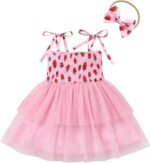 FYMNSI Baby Girls Toddler Kids Summer Spaghetti Straps Smocked Tiered Tulle Princess Dress with Headband Birthday Party Outfits