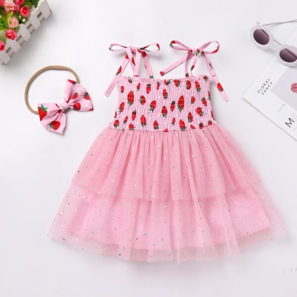 FYMNSI Baby Girls Toddler Kids Summer Spaghetti Straps Smocked Tiered Tulle Princess Dress with Headband Birthday Party Outfits - Image 2