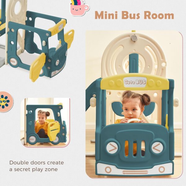 5-in-1 Kids Slide Set with Swing, Bus Playhouse, Climber, Basketball Hoop, and Adjustable Slide, for Indoor/Outdoor Play, HDPE Material, EN71 Certified, Easy Assembly, 3-8 Years (Green) - Image 3