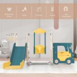 5-in-1 Kids Slide Set with Swing, Bus Playhouse, Climber, Basketball Hoop, and Adjustable Slide, for Indoor/Outdoor Play, HDPE Material, EN71 Certified, Easy Assembly, 3-8 Years (Green) - Image 5