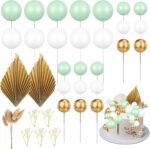 FRIUSATE 40 Pcs Flower Cake Decorations Toppers, Cream Green Gold Cake Decorations Flower Cake Topper Palm Cake Decorations Sage Green Ball Cake Decoration for Baby Shower Birthday Wedding Party Decor