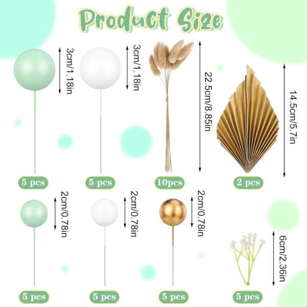 FRIUSATE 40 Pcs Flower Cake Decorations Toppers, Cream Green Gold Cake Decorations Flower Cake Topper Palm Cake Decorations Sage Green Ball Cake Decoration for Baby Shower Birthday Wedding Party Decor - Image 2