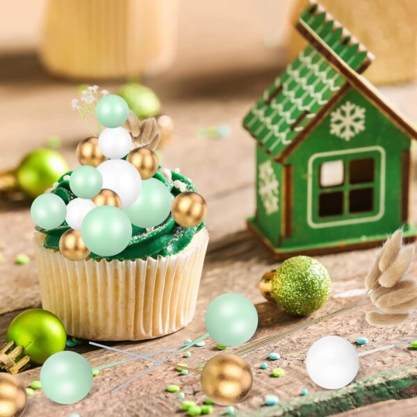 FRIUSATE 40 Pcs Flower Cake Decorations Toppers, Cream Green Gold Cake Decorations Flower Cake Topper Palm Cake Decorations Sage Green Ball Cake Decoration for Baby Shower Birthday Wedding Party Decor - Image 5
