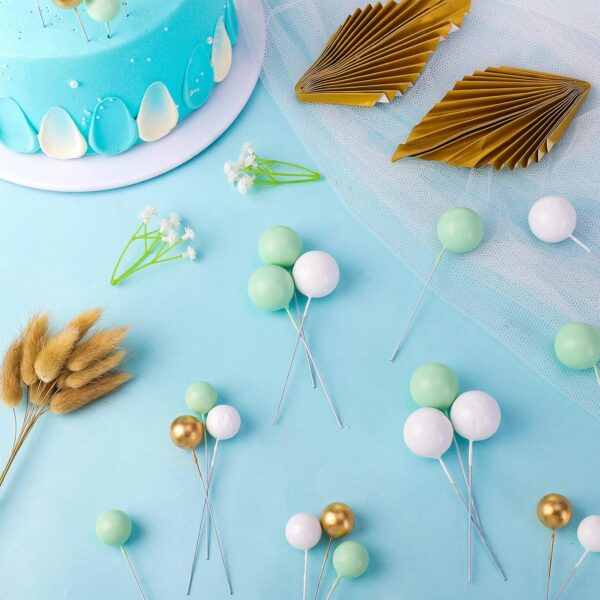 FRIUSATE 40 Pcs Flower Cake Decorations Toppers, Cream Green Gold Cake Decorations Flower Cake Topper Palm Cake Decorations Sage Green Ball Cake Decoration for Baby Shower Birthday Wedding Party Decor - Image 6