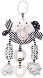 ECCHY Baby Stroller Hanging Toy, Pram Toys Hanging Plush Toys Travel Car Seat Toys with Teether and Wind Chimes, Black and White Toys for Babies Newborn 0-12 Months