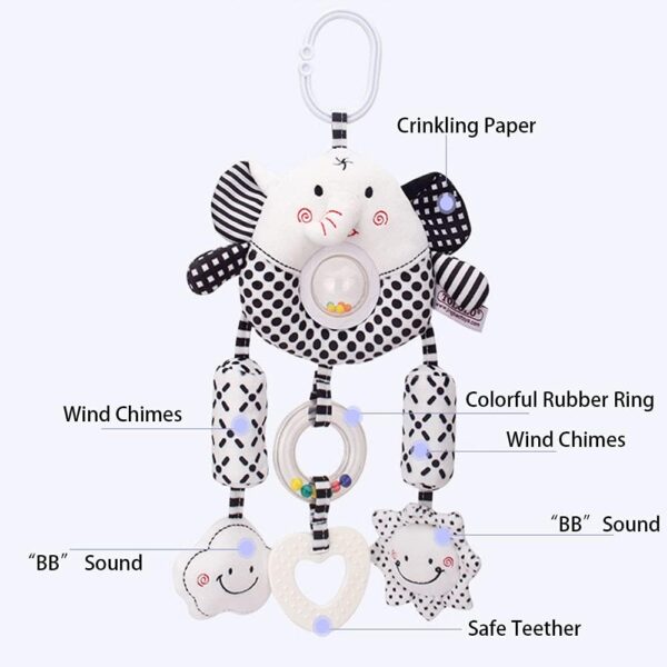 ECCHY Baby Stroller Hanging Toy, Pram Toys Hanging Plush Toys Travel Car Seat Toys with Teether and Wind Chimes, Black and White Toys for Babies Newborn 0-12 Months - Image 3
