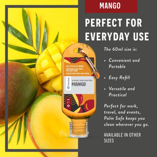 MangoPalm Safe Mango 3 Pack 60ml Anti Bacterial Premium Hand Sanitiser Travel Size Refillable Clip Bottle Quick Drying Non Sticky Extra Moisturising Kills 99.9% of Viruses and Bacteria - Image 5