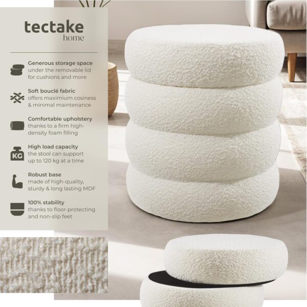 TecTake® Storage Stool in Scandi Style with Soft Bouclé Cover & Storage Space, Storage Ottoman with Padded Seat & Sturdy MDF Frame, No Assembly, Footstool for Bedroom & Living Room - Cream/White - Image 3