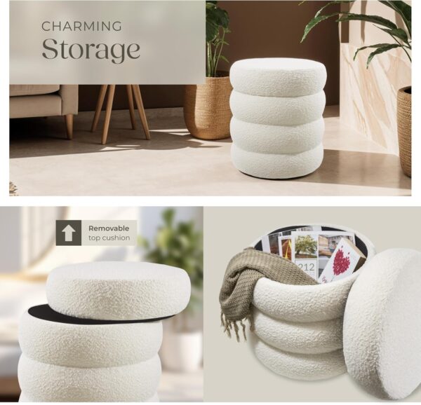 TecTake® Storage Stool in Scandi Style with Soft Bouclé Cover & Storage Space, Storage Ottoman with Padded Seat & Sturdy MDF Frame, No Assembly, Footstool for Bedroom & Living Room - Cream/White - Image 6
