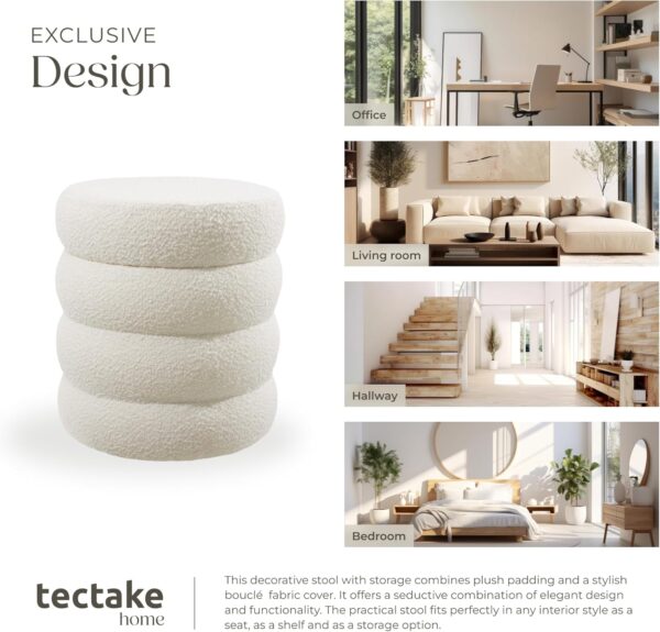 TecTake® Storage Stool in Scandi Style with Soft Bouclé Cover & Storage Space, Storage Ottoman with Padded Seat & Sturdy MDF Frame, No Assembly, Footstool for Bedroom & Living Room - Cream/White - Image 7