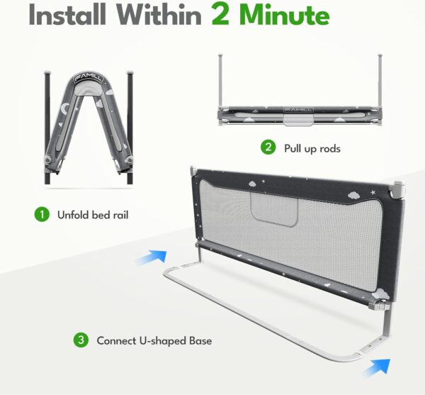 FAMILL Toddler Bed Rail with 2 Minutes Assembly, Foldable Bed Guard Rail for Toddlers, Bed Rail for Toddlers with Large U-Shape Base, Bed Rails for Queen Bed (Star, 60", 1 Side) - Image 2