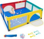 GYMAX Baby Playpen, 206 x 186cm Large Toddler Fence Play Yard with 50 Ocean Balls, 4 Handlebars, Suction Cups and Zipper Door, Indoor Outdoor Infant Activity Center (Colorful)