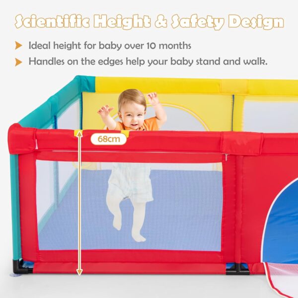 GYMAX Baby Playpen, 206 x 186cm Large Toddler Fence Play Yard with 50 Ocean Balls, 4 Handlebars, Suction Cups and Zipper Door, Indoor Outdoor Infant Activity Center (Colorful) - Image 3